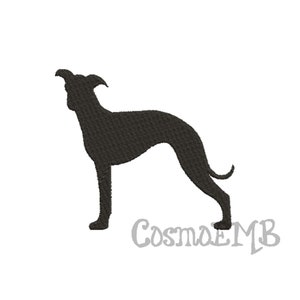 Puede incluir: Silueta negra de un galgo de pie sobre un fondo blanco.
