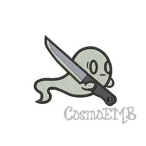 May include: A cartoon ghost holding a knife in front of its face. The ghost is white and the knife is gray.