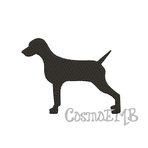 May include: Black silhouette of a dog standing on all four legs. The dog is facing to the left with its tail curled up.