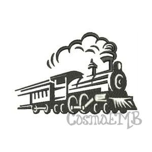 May include: Black and white illustration of a steam train with smoke billowing from the smokestack. The train has multiple wheels and a detailed design, with the text "CosmoEMB" at the bottom.