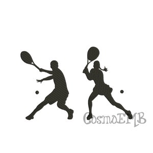 Puede incluir: Silueta de dos jugadores de tenis, uno hombre y una mujer, en acción. Ambos sostienen raquetas y están en pleno swing. La imagen está en blanco y negro.