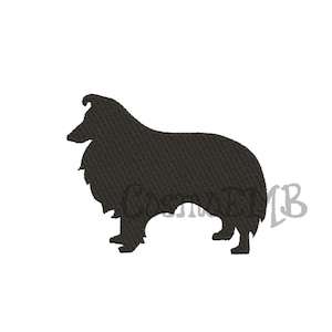 May include: Black silhouette of a Collie dog standing on a white background.