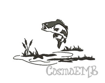 5 Size Bass fish silhouette Embroidery design Machine Embroidery - Digital INSTANT DOWNLOAD