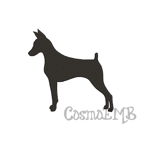 May include: Black silhouette of a Miniature Pinscher dog standing on a white background.