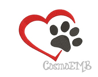 May include: A red heart outline with a black paw print inside. The design is embroidered on a white background. The text "CosmoEMB" is below the heart.