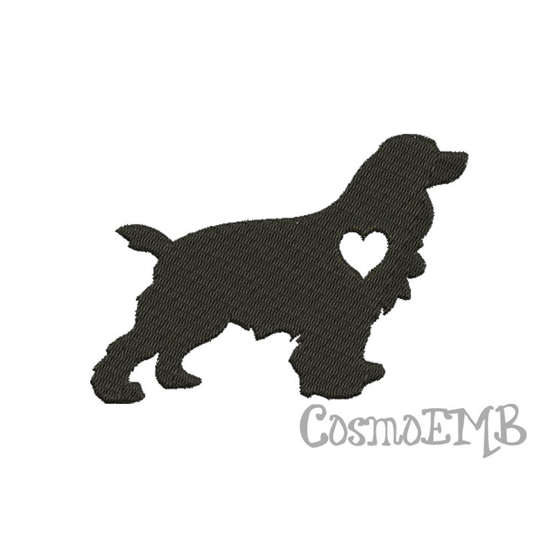 May include: Black silhouette of a Cocker Spaniel dog with a white heart cutout in the chest area. The dog is standing on a white background.