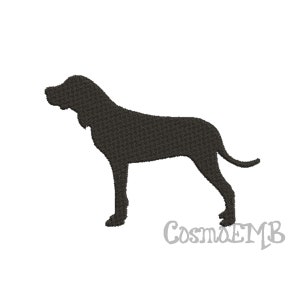 May include: Black silhouette of a Bloodhound dog standing with its head turned to the left.