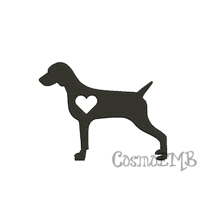 May include: Black silhouette of a dog with a white heart in its chest.