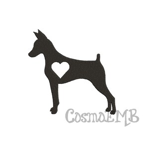 May include: Black silhouette of a dog with a white heart in the center of its chest. The dog is standing on all four legs. The image is on a white background.