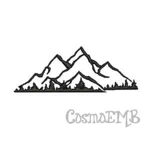 May include: Black and white line art illustration of a mountain range with a forest in the foreground.