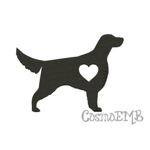 May include: Black silhouette of a dog with a white heart in its chest. The dog is standing on all four legs with its head turned to the right. The image is on a white background.