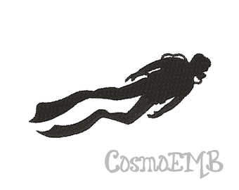May include: Black silhouette of a scuba diver with a tank and flippers.