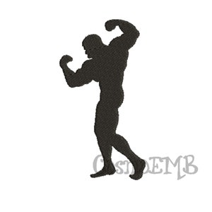 Op de afbeelding: Silhouet van een gespierde figuur met gebogen armen, een zwart-wit afbeelding.