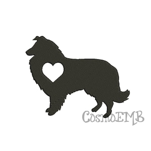 May include: Black silhouette of a Collie dog with a white heart in the center of its chest.