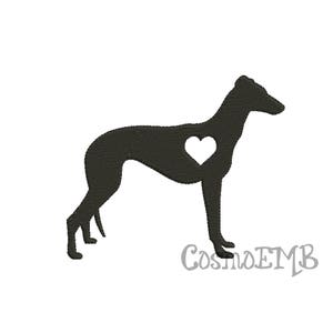 May include: Black silhouette of a greyhound dog with a white heart shape in the center. The dog is in a standing position, facing left. The image has a textured appearance. The text "CosmoEMB" is in the bottom right corner.
