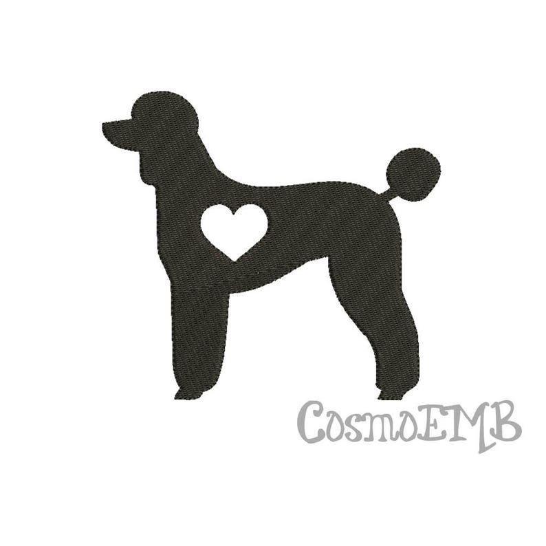 May include: Black silhouette of a poodle with a white heart in its chest.
