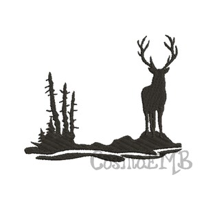 May include: Black silhouette of a deer standing in a forest with trees and a river. The deer has large antlers.