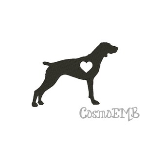 May include: Black silhouette of a dog with a white heart in its chest. The dog is standing on all four legs. The text "Cosmo EMB" is below the dog.