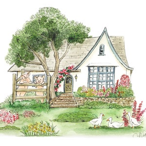 May include: A watercolor illustration of a white cottage with a gabled roof, surrounded by a lush green lawn and colorful flowers. Two pink pigs are standing on a porch railing, and three white geese are walking on the grass.