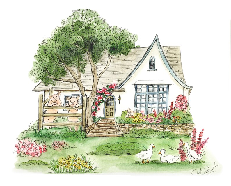 May include: A watercolor illustration of a white cottage with a gabled roof, surrounded by a lush green lawn and colorful flowers. Two pink pigs are standing on a porch railing, and three white geese are walking on the grass.