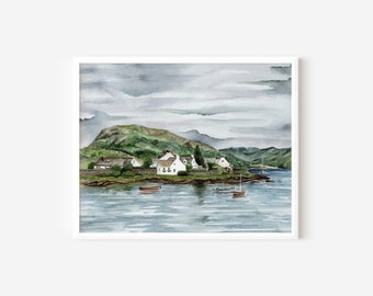 Scottish Village Watercolor Art Print: Plockton Landscape, 8x10