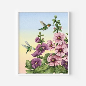 Hummingbird Watercolor Print |  Hollyhocks flower art print | Botanical Art Print | Ruby Breasted Hummingbird | Flowers and Bird Art 8x10
