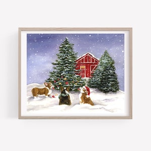Corgi Christmas Art Print, Watercolor Corgi Christmas, Corgis in Snow, Holiday with Corgis, Corgi Christmas Decor, Corgi Holiday Decor