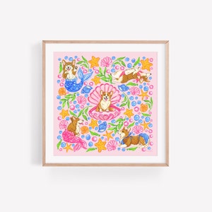 May include: A framed illustration of a pink background with a pattern of mermaids, seashells, and starfish. The mermaids are all corgis wearing seashells and tails.