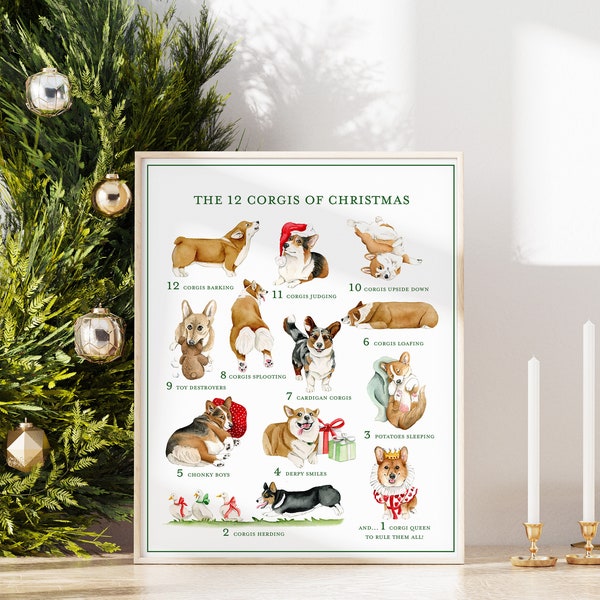 12 Corgis of Christmas Art Print, 12 Days of Christmas Watercolor, Corgi Christmas Art, Corgi Holiday, Unique Corgi Art, 8x10 Holiday Print