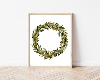 Christmas Wreath DIGITAL Download, Scandinavian Christmas, Olive Leaf Watercolor Art