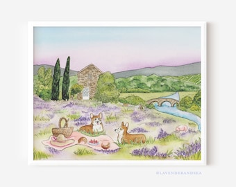 Corgi Picnic Watercolor Art Print: French Lavender Field (8x10)