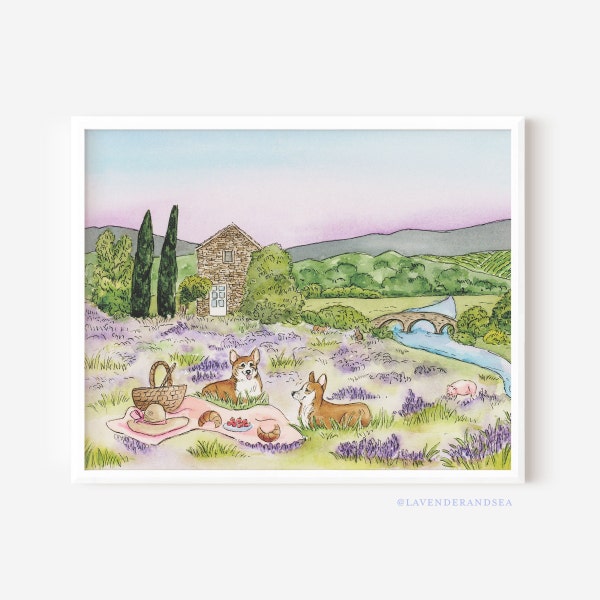 Corgi Watercolor Art Print, French Countryside , Cottage core Wall Art, Nursery Art, Storybook Style Wall Art, Corgi Picnic, Whimsical, 8x10