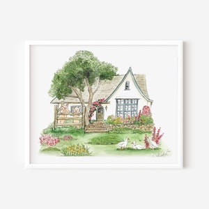 Cottage with pigs in garden art print, Watercolor cottagecore art print