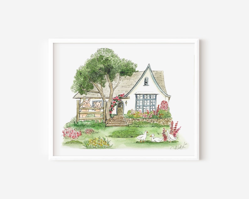 May include: A watercolor illustration of a white cottage with a green roof and a porch. There are two pigs on the porch, a tree in the front yard, and a flower garden. There are also three white geese in the yard.