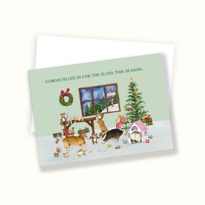 Corgi Christmas Cards, Corgis in Santa&#39;s Workshop, Watercolor Corgi Themed Holiday Cards, Corgi Lover Stuff, Single Card and Envelope