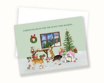 Corgi Christmas Cards, Corgis in Santa's Workshop, Watercolor Corgi Themed Holiday Cards, Corgi Lover Stuff