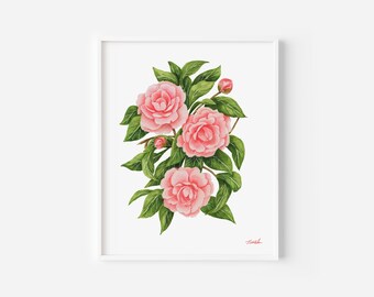Pink Camellia Watercolor Art Print, Floral Wall Decor (8x10)