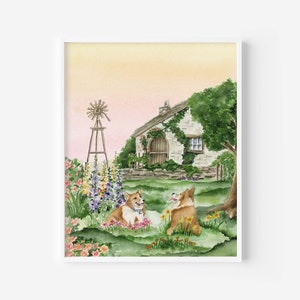 Corgi Cottage Watercolor Art Print, Corgis in a Garden, Corgi Lover Art Print, Corgi Art, Pembroke Welsh Corgi Art, 8x10, Fae Themed Art