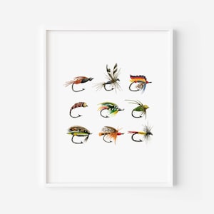 Fly Fishing Art Print, Fly Fishing Flies, Watercolor Trout Flies, Cabin Art Print, Fathers Day Gift, Fly Fishing Art