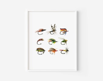 Watercolor Fly Fishing Flies Art Print, Cabin Decor (8x10)