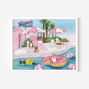 Corgi Pool Party Watercolor Art Print, Corgi Palm Springs Take Over, Corgi Lover Art Print, Corgi Art, Pembroke Welsh Corgi Art, Pink, 8x10