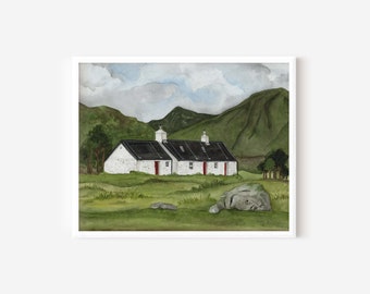 Scotland's Black Rock Cottage Glencoe Watercolor Print, Scotland Landmarks, Scottish Wall Prints, Scottish Art, Scotland Art, Travel Art