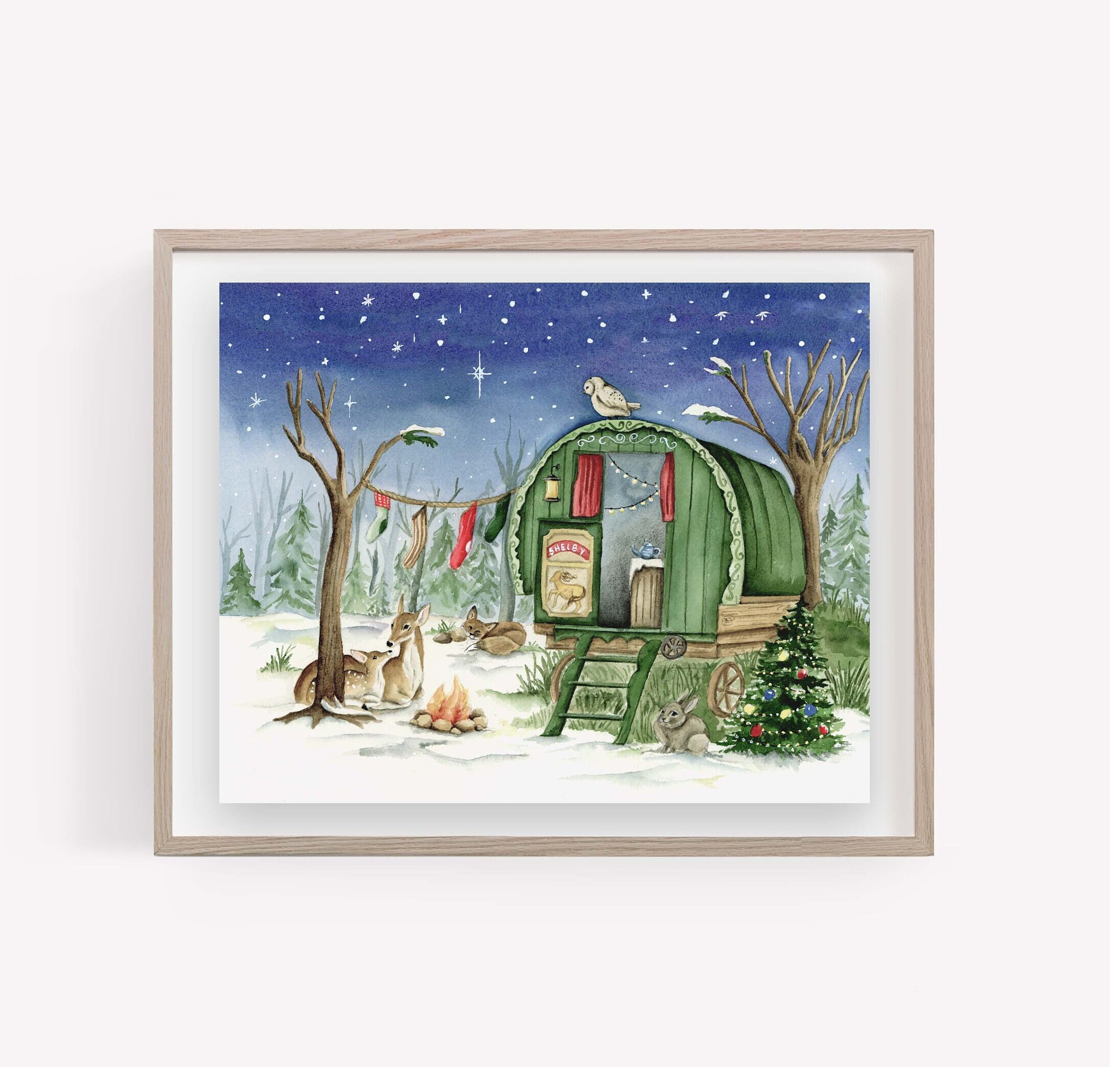 Christmas Gypsy Caravan Art Print, Gypsy Christmas, Christmas Forest Art,  Watercolor Painting of Vardo, Gypsy Christmas Wagon, Holiday Gifts 