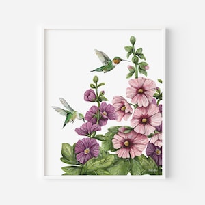 Hummingbird Watercolor Print |  Hollyhocks flower art print | Botanical Art Print | Ruby Breasted Hummingbird | Flowers and Bird Art 8x10