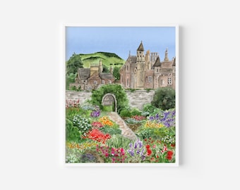 Scottish Watercolor Painting, Sir Walter Scott home, Scotland castle and garden art print, Scottish landscape painting