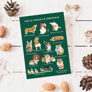 12 Corgis of Christmas Cards, Holiday Cards with Corgis, Fold over Christmas Cards, Pembroke Welsh Corgi Christmas Card, Size A6