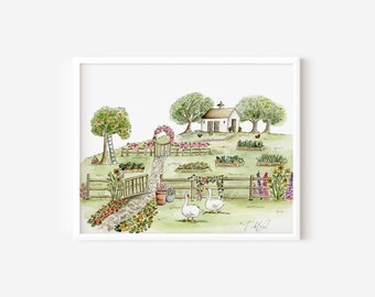 Cottagecore Watercolor Art Print: English Garden Nursery Decor