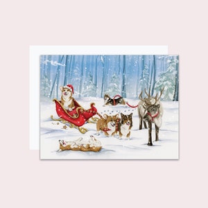 Corgi Christmas Cards, Santa Sleigh and Corgis, Watercolor Corgi Holiday Cards, Pembroke Welsh Corgi, Size A6, 4.5x6.25