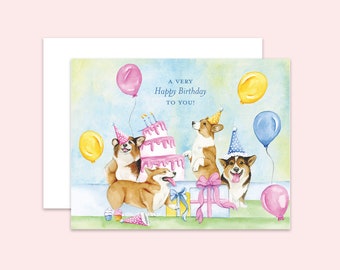 Corgi Birthday Card, Happy Birthday, Corgi Card, Watercolor, Pembroke Welsh Corgi, Size A2, Horizontal