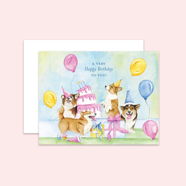 Corgi Birthday Card, Happy Birthday, Corgi Card, Watercolor, Pembroke Welsh Corgi, Size A2, Horizontal